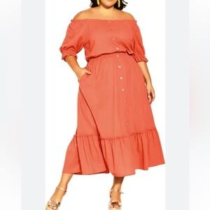 City Chic Alice Off The Shoulder Midi Dress XS/14W peach orange Fall Autumn